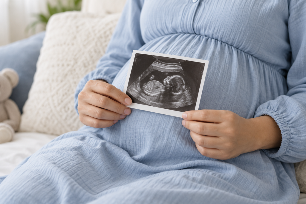 Ilustrasi ibu memegang gambar ultrasound di atas kandungan