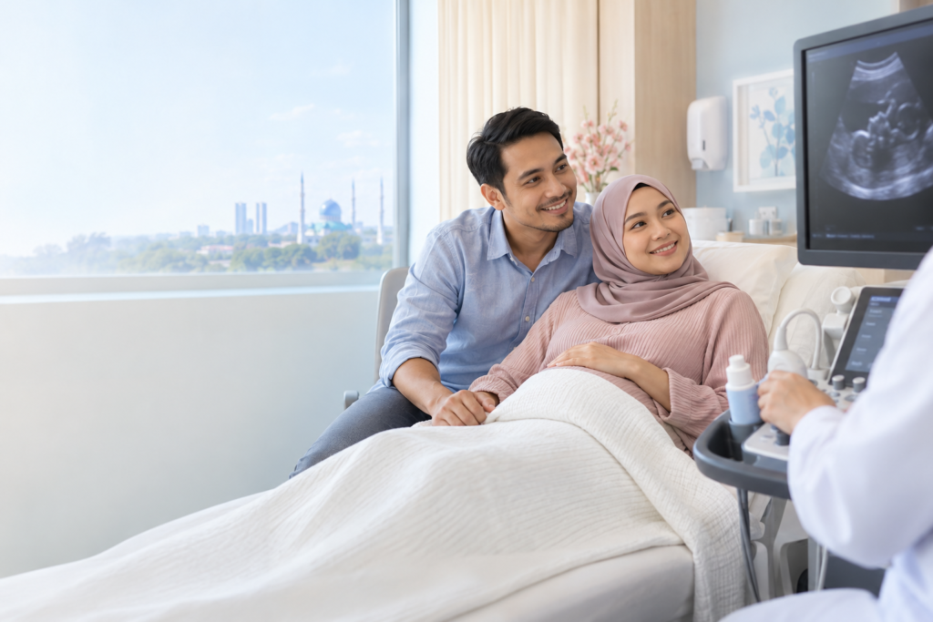 Ilustrasi pasangan berkongsi momen melihat bayi semasa scan